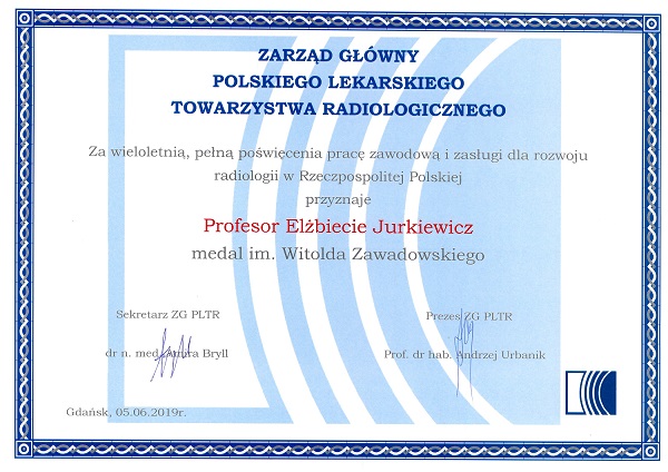 Medal im. Witolda Zawadowskiego dla Pani Profesor Elżbiety Jurkiewicz