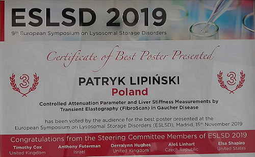 PhD Patryk Lipiński receives the Certificate of Best Poster presented on European Symposium on Lysosomal Storage Disorders (ESLSD)