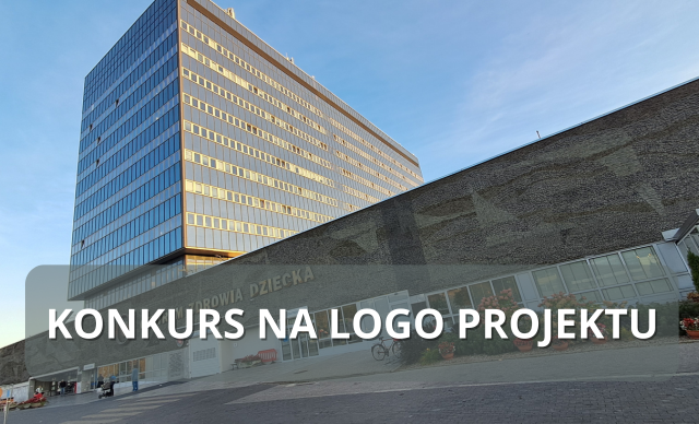 Napis "Konkurs na logo projektu RAMIPS" na tle budynku Instytutu "Pomnik-Centrum Zdrowia Dziecka"